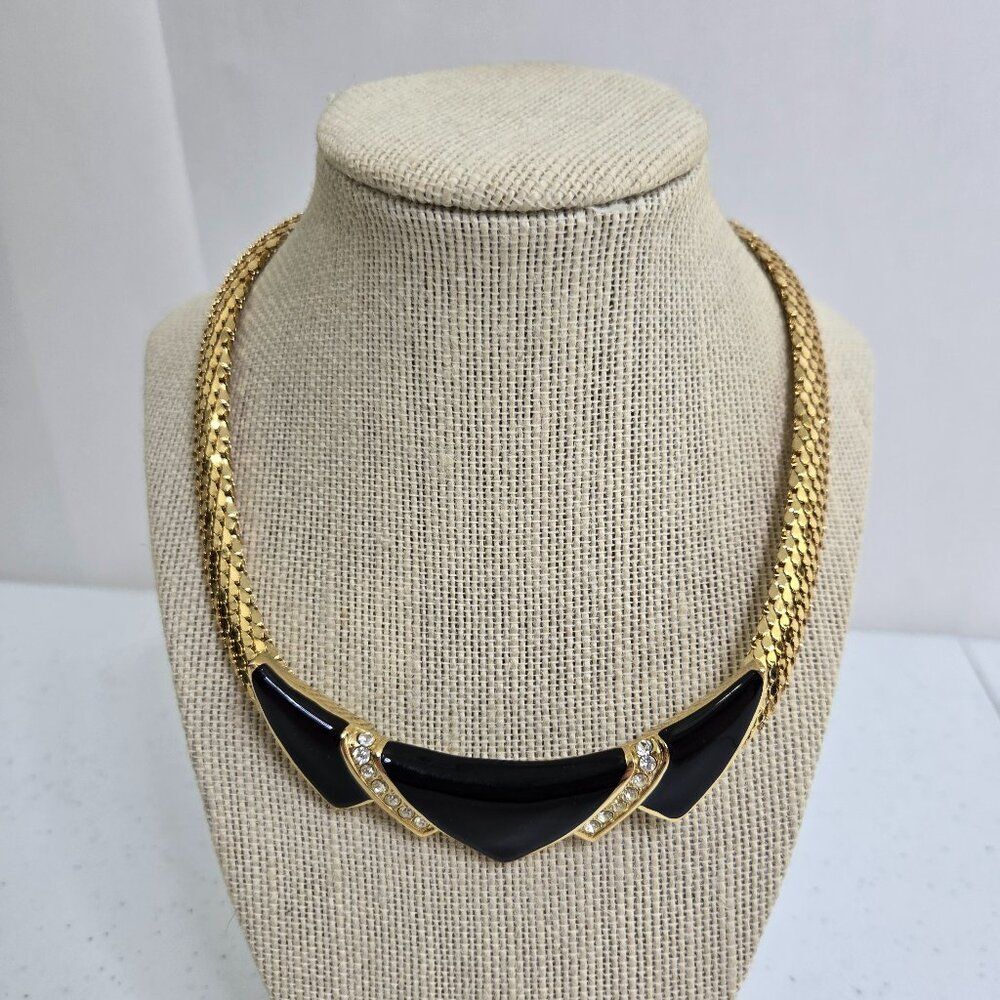 Whiting & Davis Black Enamel Gold Tone Mesh Rhinestone Art Deco Necklace Choker